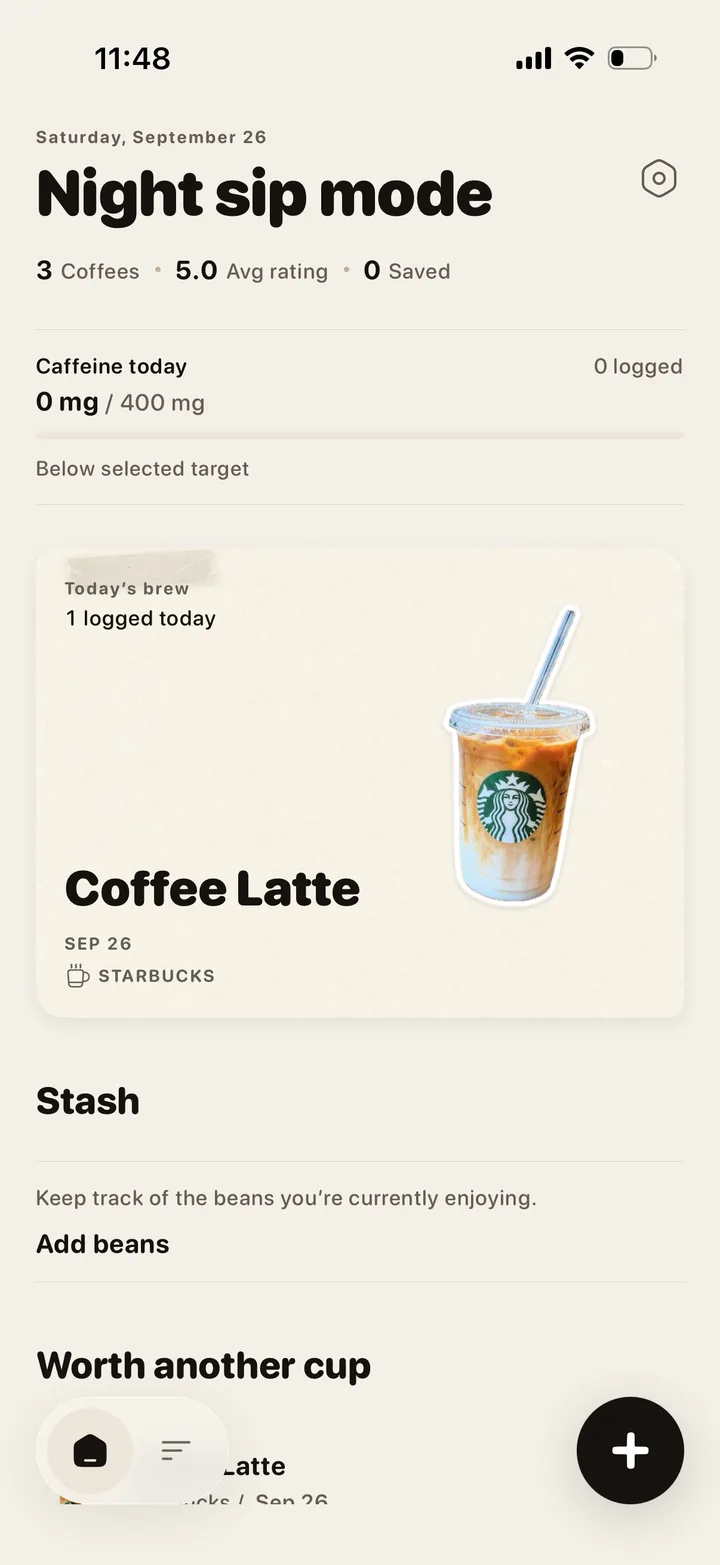 Brewski’s home screen, showing today’s coffee, a caffeine total, Stash, and cups worth another try