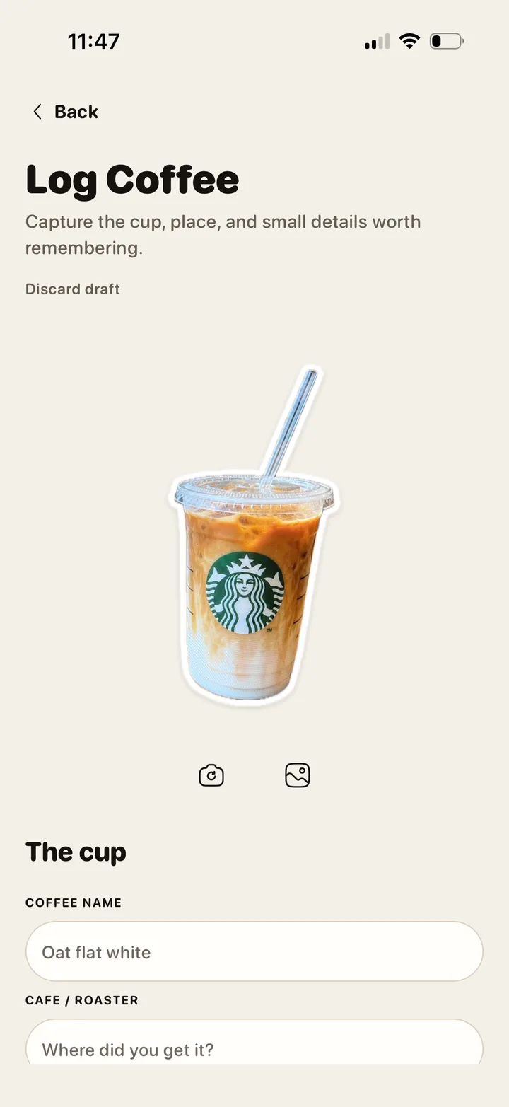 The photographed coffee cut out as a clean sticker above the logging form