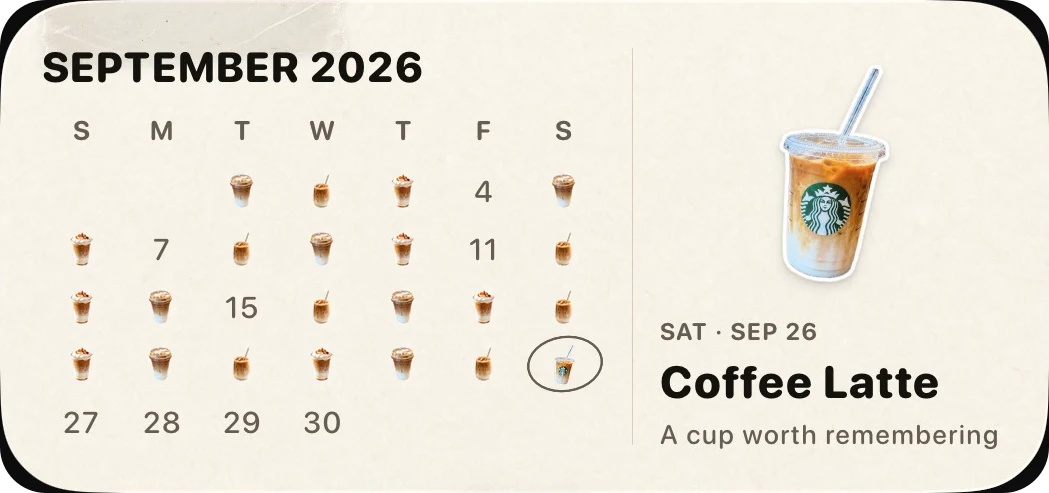 The Brewski home screen widget: a September calendar with a cup on each logged day, beside the most recent coffee
